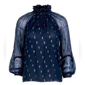 Rebecca Taylor Navy Blue Silk Blend Metallic Print Mock Neck Blouse Size 0